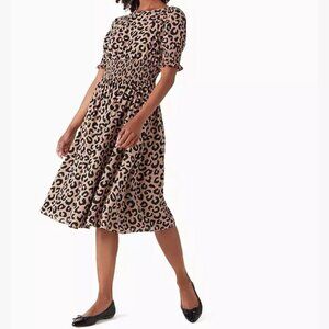 Kate Spade Leopard Print Midi Dress Womens XS Brown Puff Sleeve Lined Blaire